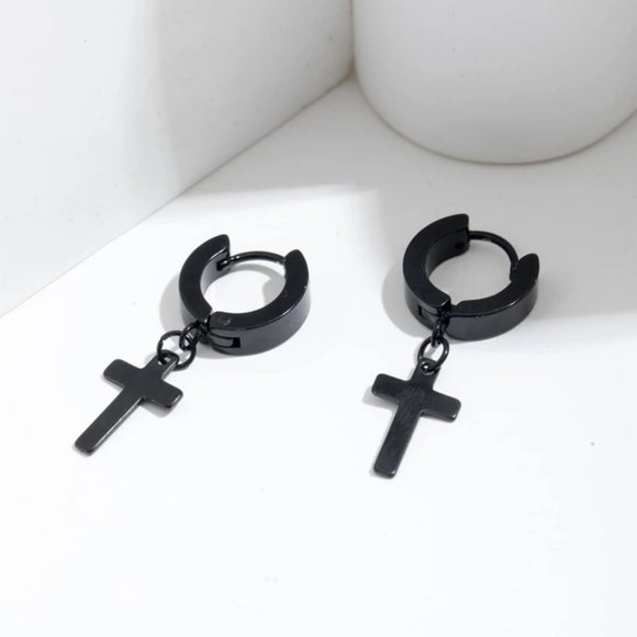 Stainless Steel Cross Drop Dangle Hoop Earrings Black Men Women NWT - Picture 1 of 4